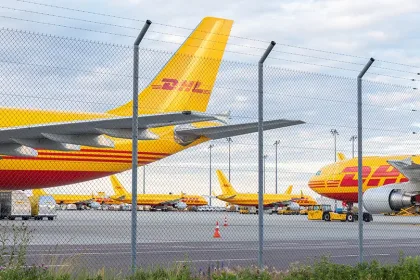 Cargo planes parked on Leipzig Halle airport terminal