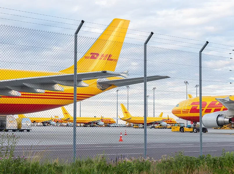 Cargo planes parked on Leipzig Halle airport terminal