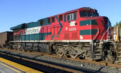 Ferromex locomotive working a train in the United States