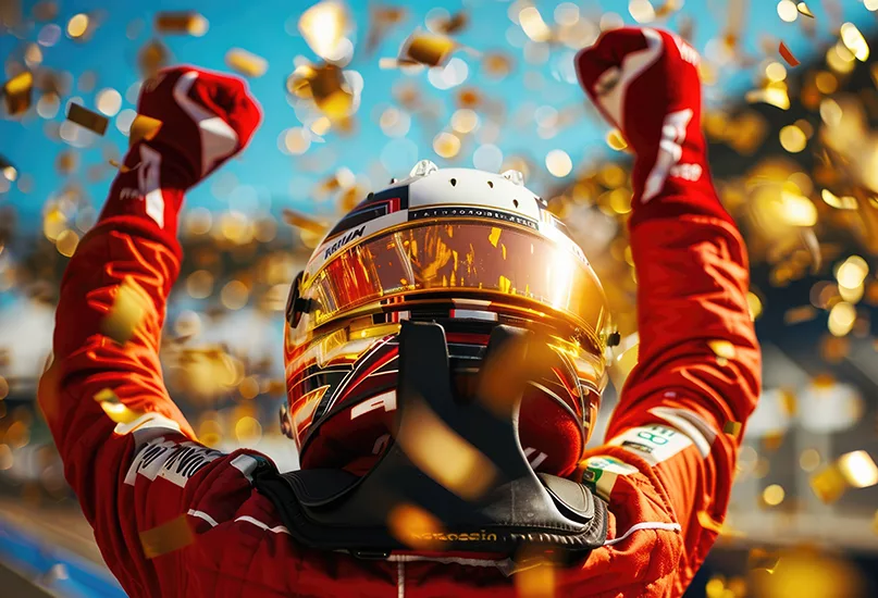 Formula one racing team driver celebrating victory