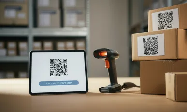 Qr code scanner and digital tablet displaying tracking information