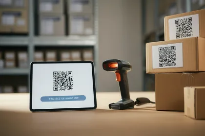 Qr code scanner and digital tablet displaying tracking information