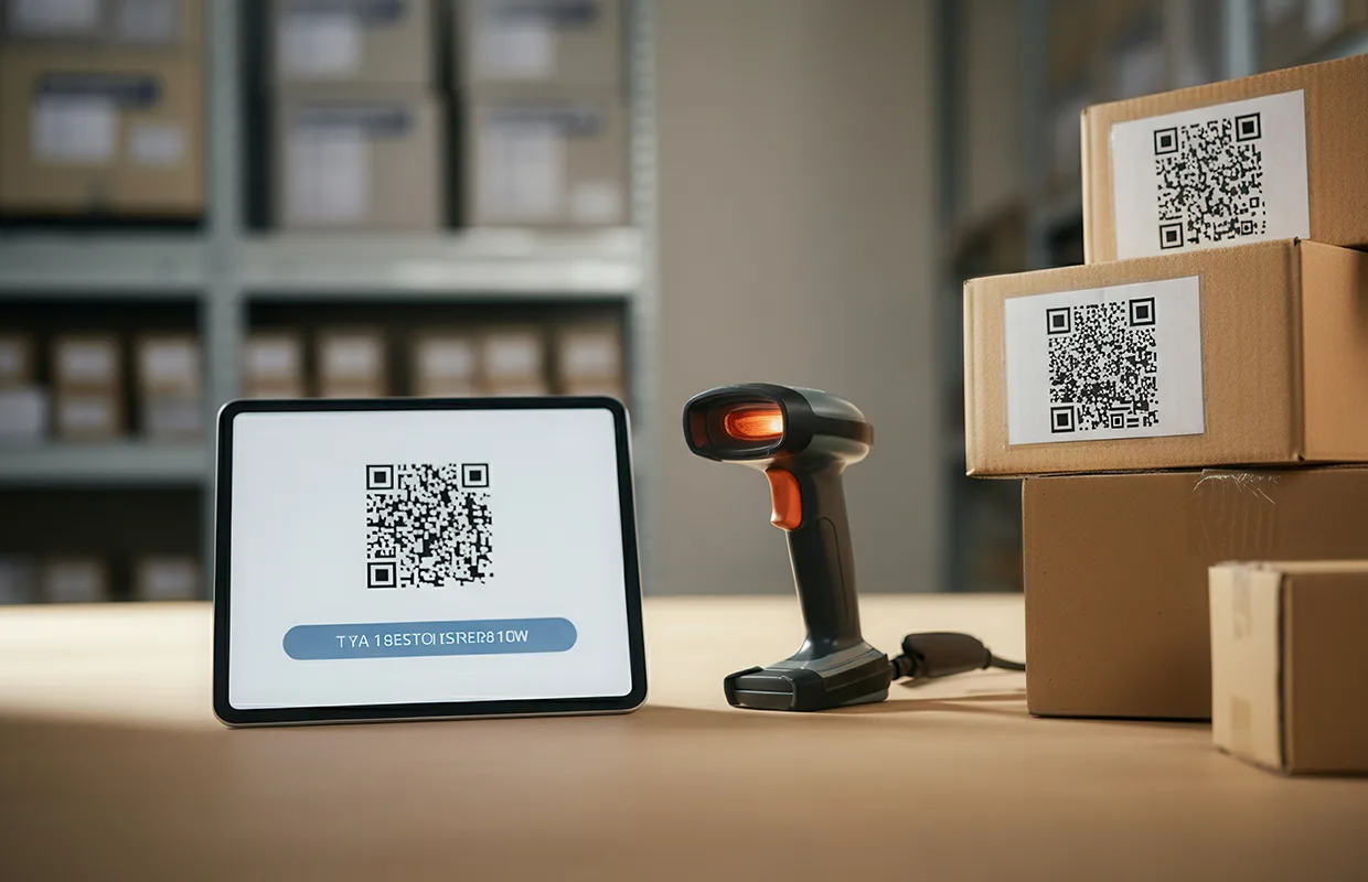 Qr code scanner and digital tablet displaying tracking information