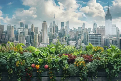 Urban farming initiatives in a cityscape