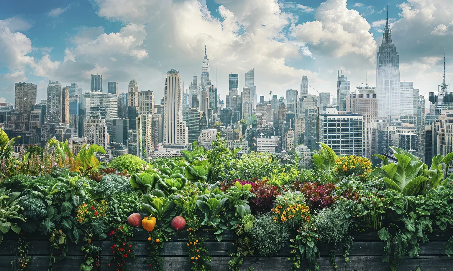 Urban farming initiatives in a cityscape