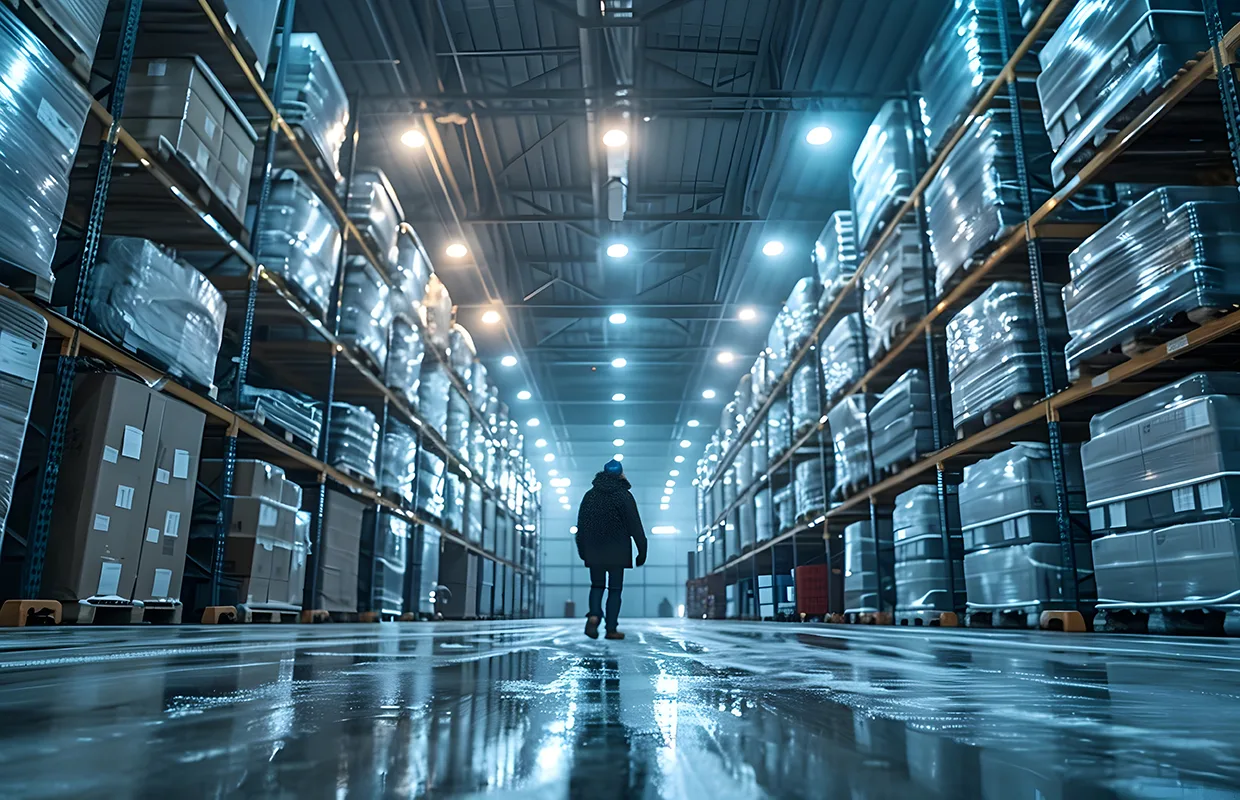 Detailed view of the interior of a temperature controlled industrial warehouse